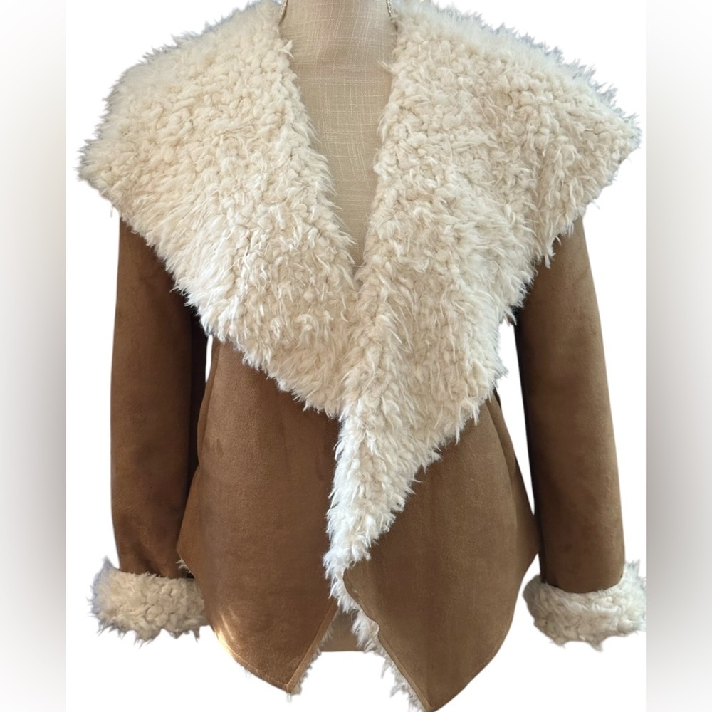 Women's Tan and Cream Shearling Jacket ~ Vegan Sherpa & Suede by Me Jane - Picture 15 of 16